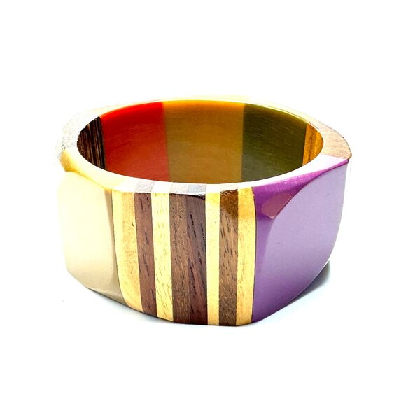 Vintage 1970s Lucite & Wood Bangles — Handcrafted Geometric Bracelets — EUC - Picture 9 of 16